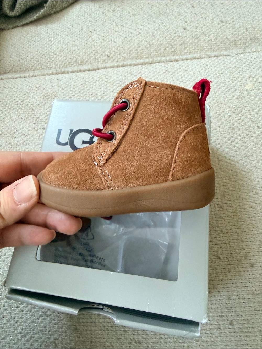 UGG Kristjan Chestnut Suede Lace-Up Bootie with Red Accents